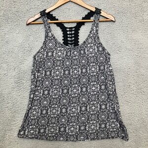 Y2K Vtg LEI Tank Top Juniors L Crochet Racerback Black White Floral Medallion